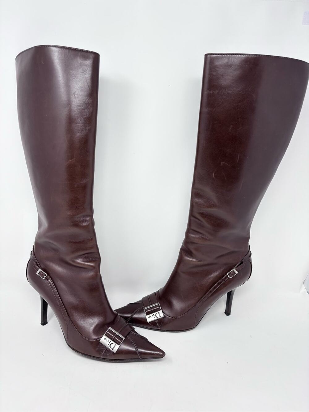 Vintage Dior Galliano Brown Knee High Leather Boot Pointed Toe Slim Buckle 39.5